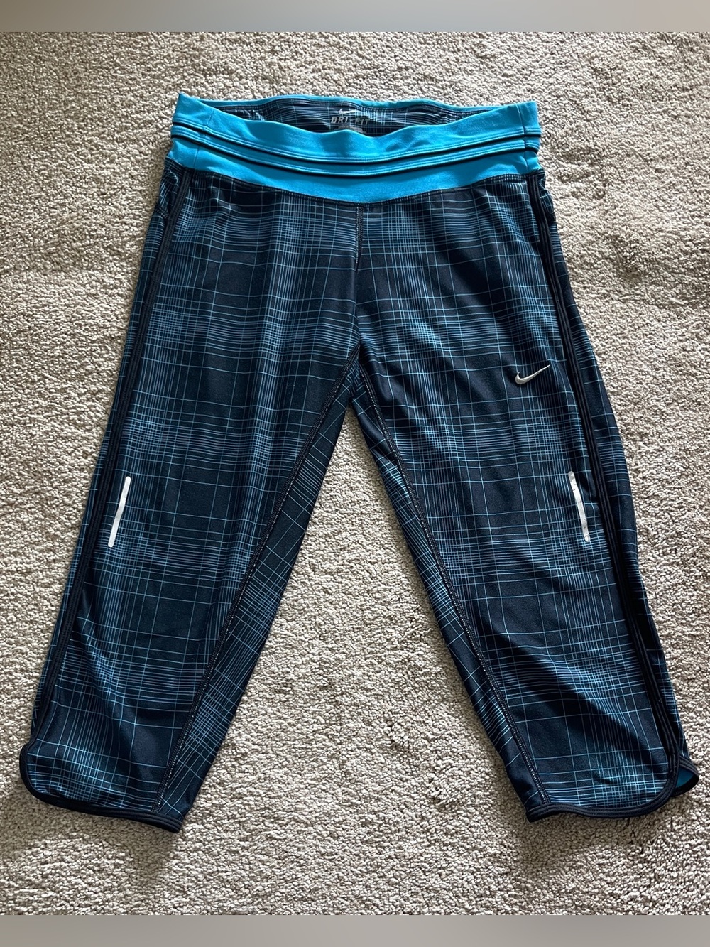 Nike Turquoise/black Plaid Athletic Capris with Teal Waistband